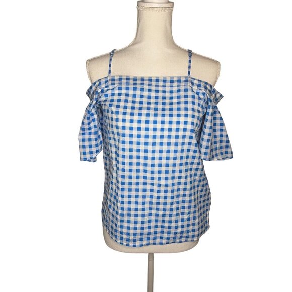 Draper James x Net a Porter Blue White Gingham Off-Shoulder Top XS Cotton Silk - Picture 1 of 8